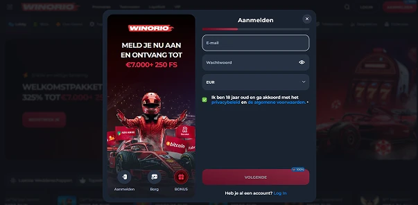 Winorio casino login en registratie scherm